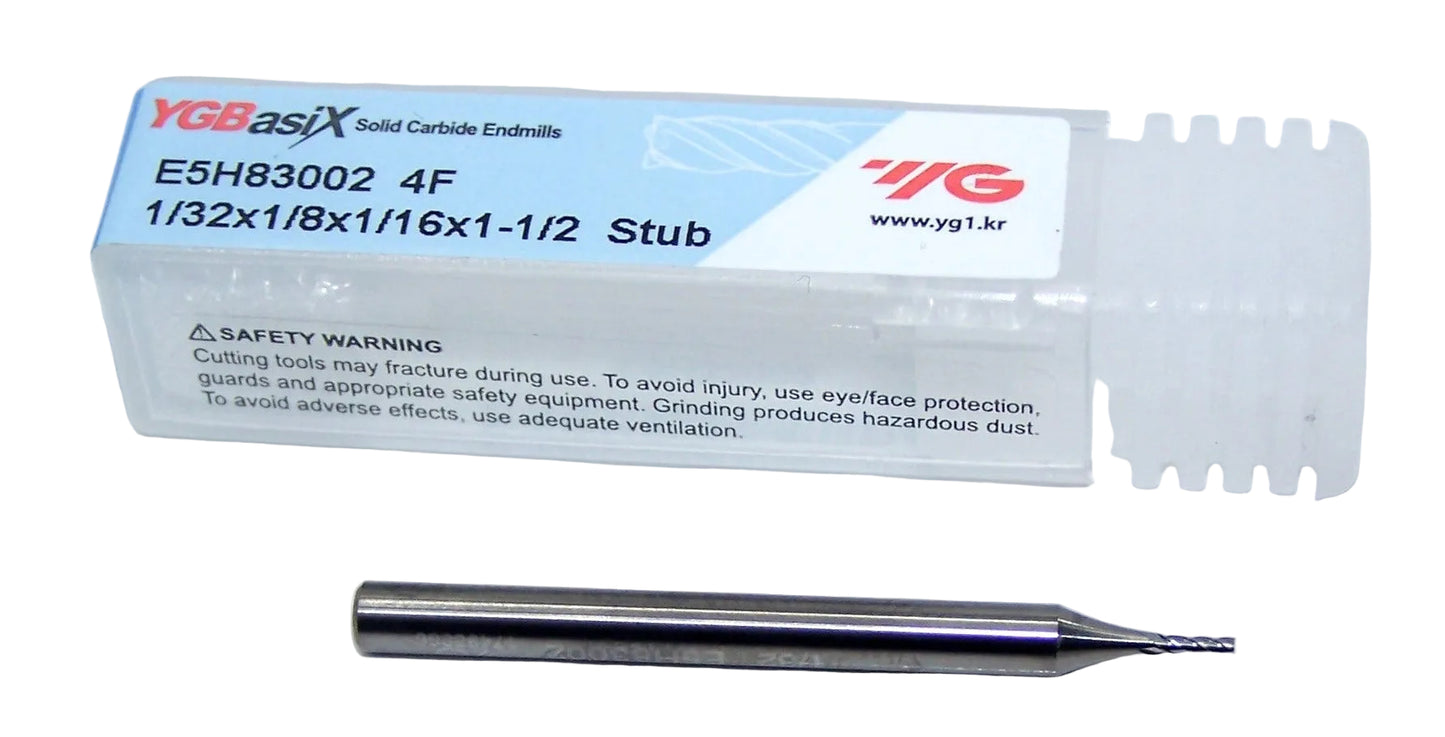 E5H83002 YG1 1/32" Carbide 4 Flute End Mill .0312" Diameter .0625" Flute 1.50" Length .125" Shank