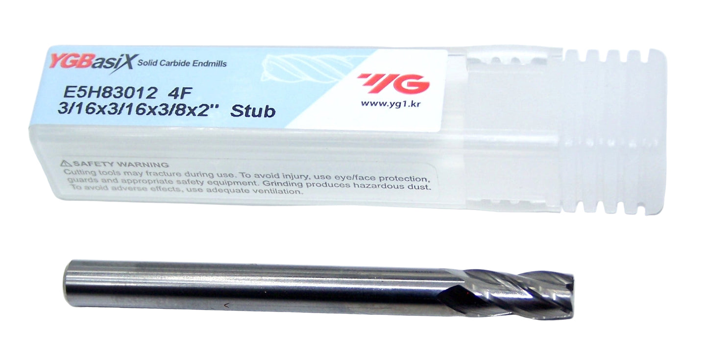 E5H83012 YG1  3/16" Carbide 4 Flute End Mill  .1875" Diameter .375" Flute 2.00" Length .187" Shank