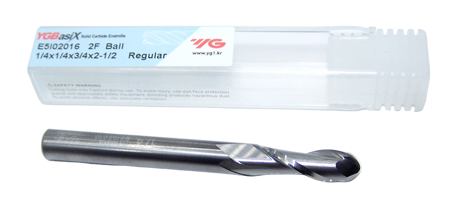 E5I02016 YG1  1/4" Carbide 2 Flute End Mill Ball End  .250" Diameter .750" Flute 2.50" Length .250" Shank