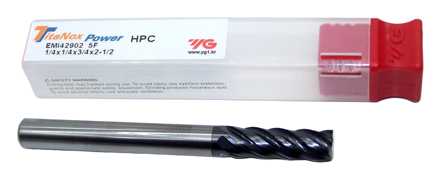 EMI42902 YG1 1/4" Carbide 5 Flute End Mill TitaNox Power HPC for Hard Materials Square .250" Diameter 0.750" Flute 2.50" Length .250" Shank