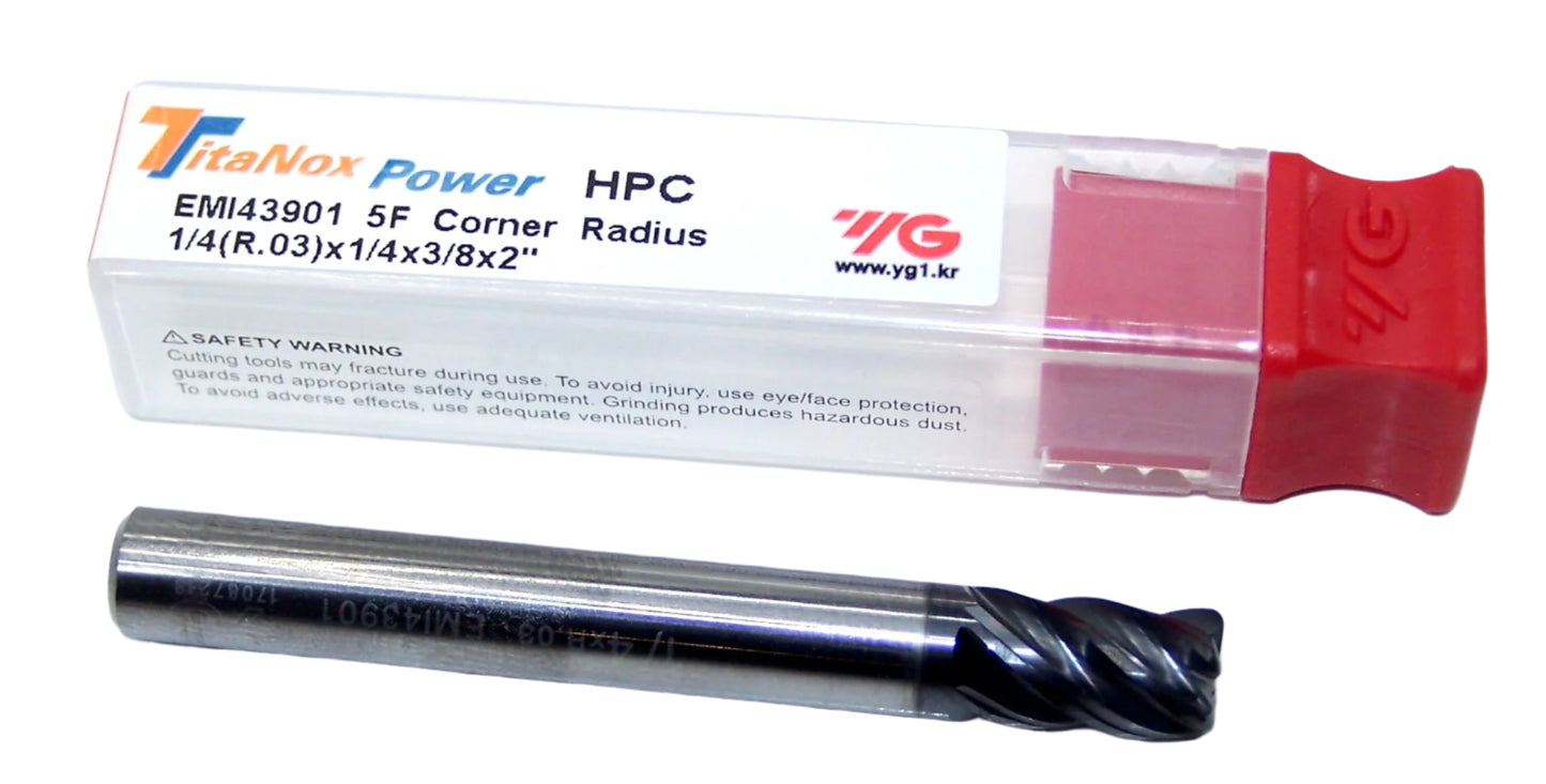 EMI43901 YG1 1/4" Carbide 5 Flute End Mill TitaNox Power HPC for Hard Materials .030" Radius .250" Diameter 0.375" Flute 2.00" Length .250" Shank