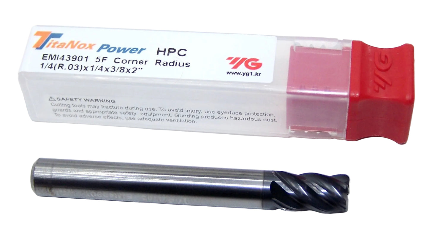 EMI43901 YG1 1/4" Carbide 5 Flute End Mill TitaNox Power HPC for Hard Materials .030" Radius .250" Diameter 0.375" Flute 2.00" Length .250" Shank