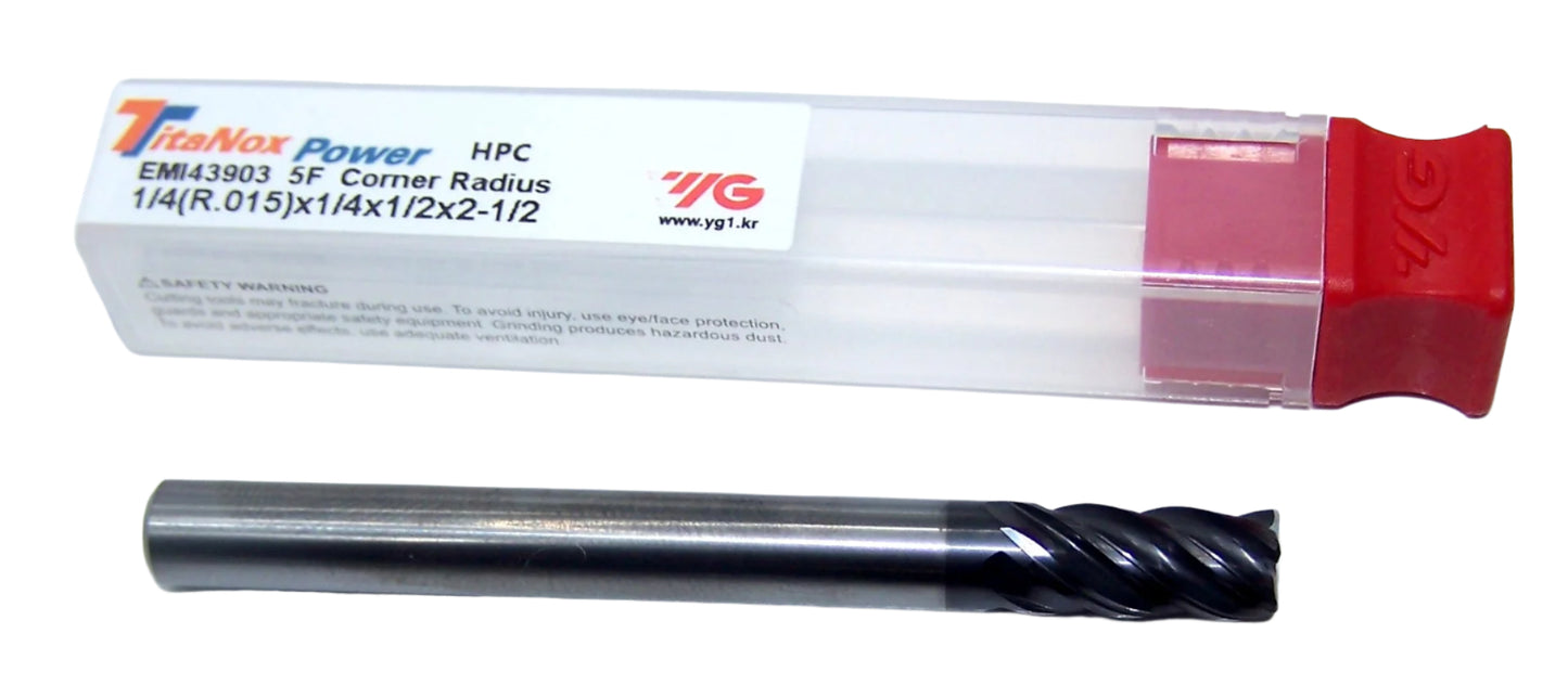 EMI43903 YG1 1/4" Carbide 5 Flute End Mill TitaNox Power HPC for Hard Materials .015" Radius .250" Diameter 0.500" Flute 2.50" Length .250" Shank