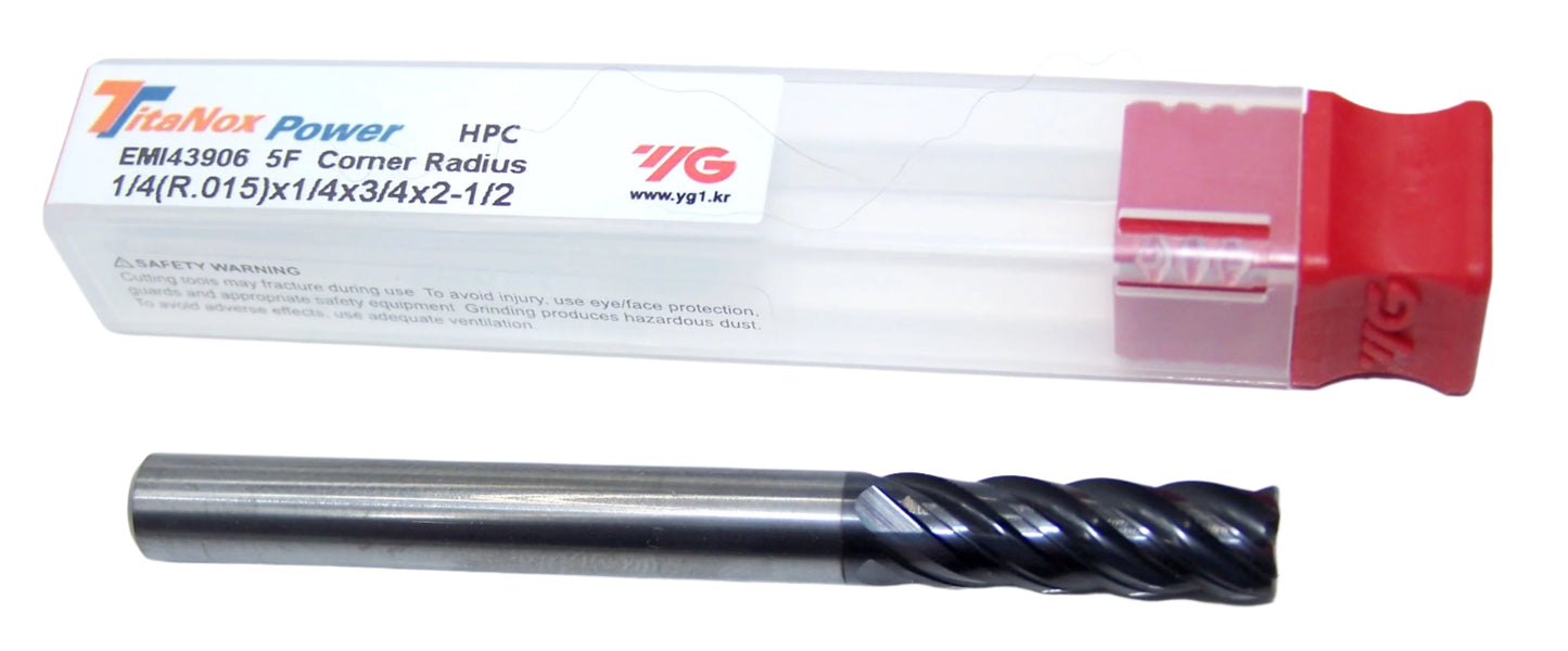 EMI43906 YG1 1/4" Carbide 5 Flute End Mill TitaNox Power HPC for Hard Materials .015" Radius .250" Diameter 0.750" Flute 2.50" Length .250" Shank
