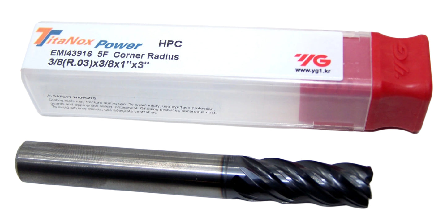 EMI43916 YG1 3/8" Carbide 5 Flute End Mill TitaNox Power HPC for Hard Materials .030" Radius .375" Diameter 1.00" Flute 3.00" Length .375" Shank