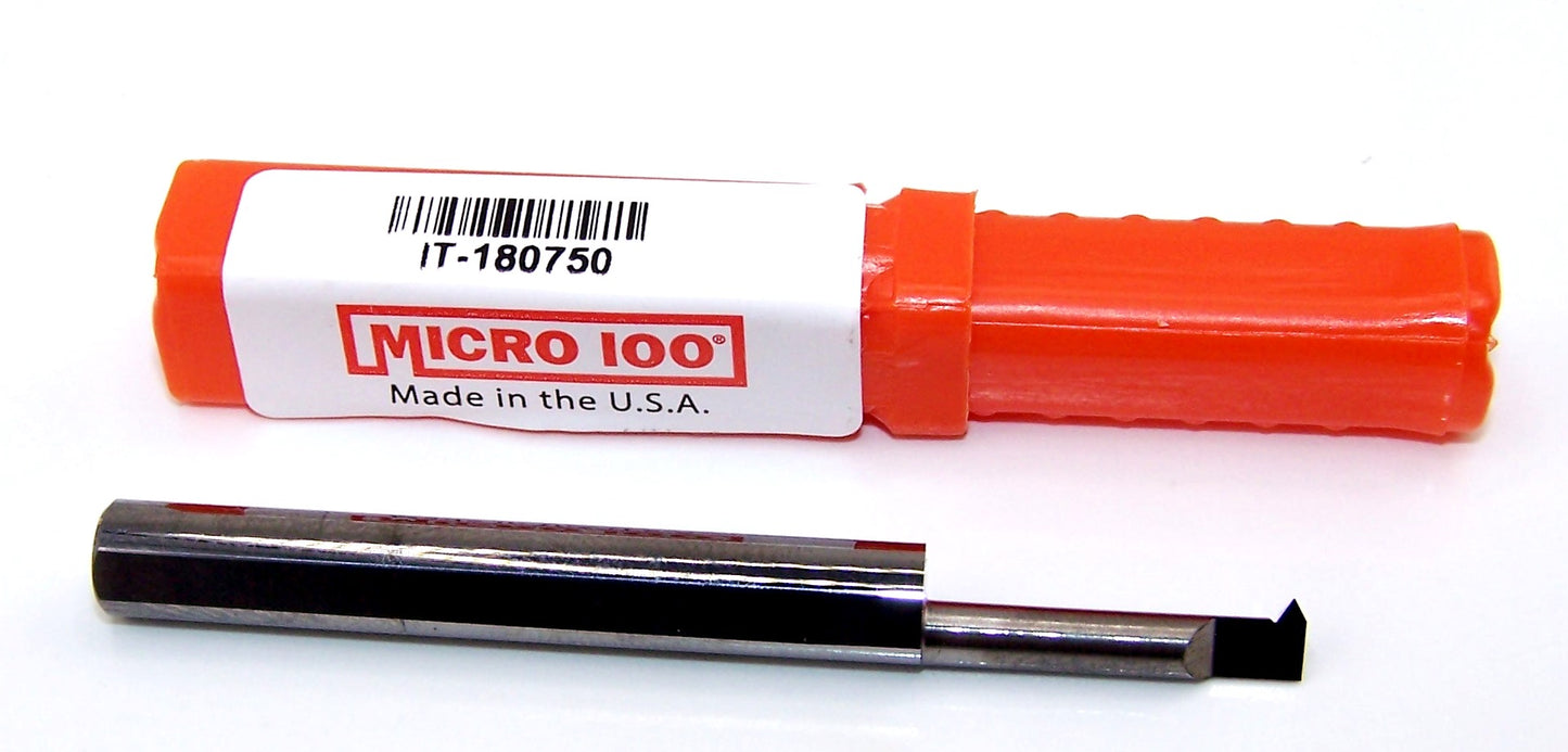 IT-180750 Micro100 0.180" Carbide Threading Bar 0.202" Min Bore Dia. 0.750" Max Depth 14-56 TPI 0.040" Projection 2.5" Length 0.2500" Shank