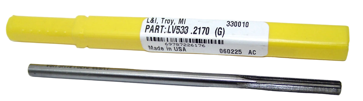LV533 .2170 L&I.2170" HSS 6 Flute Reamer .2170" Diameter 1.25" Flute 5.00" Length .2075" Shank Right Hand