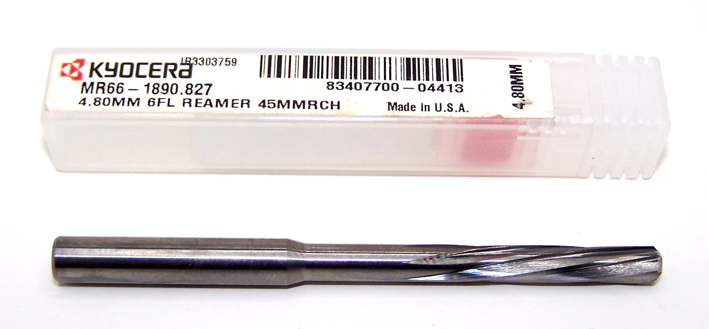 MR66-1890.827 Kyocera 4.80mm Carbide 6 Flute Reamer 1.77" Reach .1890" Diameter .827" Flute 3.03" Length .236" Shank