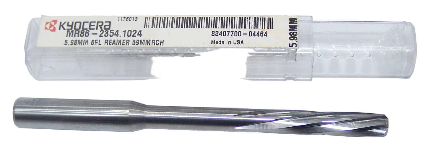 MR86-2354.1024 Kyocera 5.98mm Carbide 6 Flute Reamer 0.2354" Diameter 1.024" Flute 3.66" Length 0.315" Shank