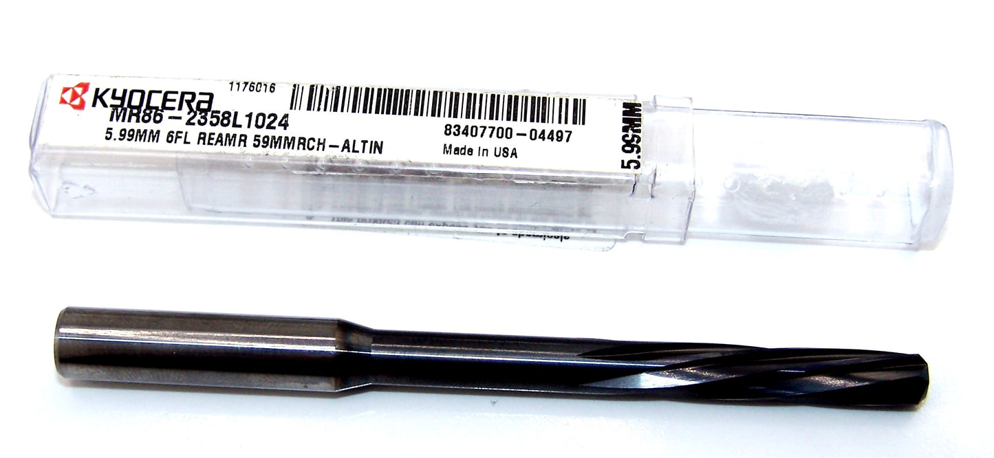 MR86-2358L1024 Kyocera 5.99mm Carbide 6 Flute Reamer ALTiN Coated 0.2358" Diameter 1.024" Flute 3.6614" Length 0.3150" Shank