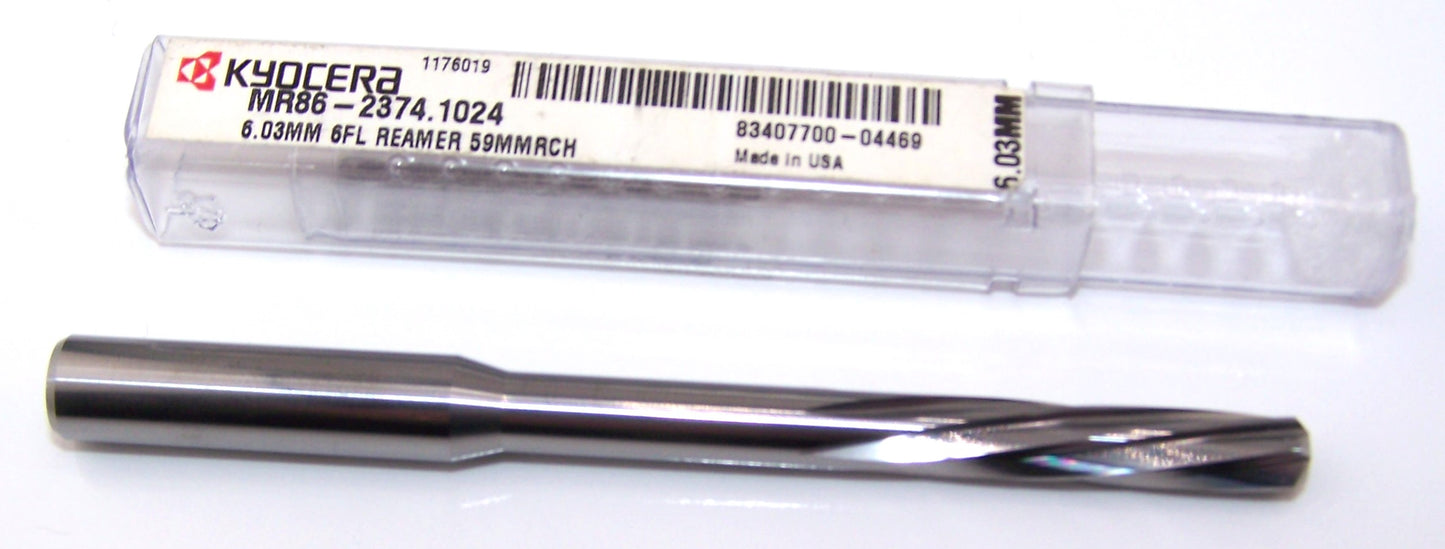 MR86-2374.1024 Kyocera 6.03mm Carbide 6 Flute Reamer 0.2374" Diameter 1.024" Flute 3.66" Length 0.315" Shank