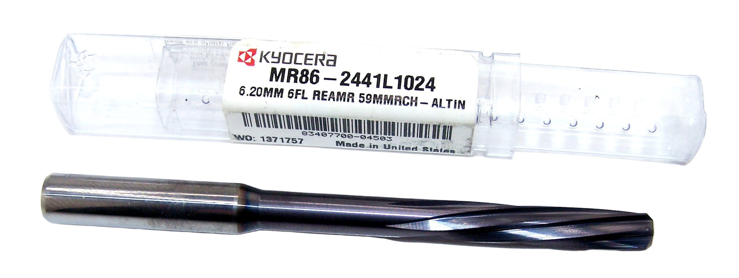 MR86-2441L1024 Kyocera 59mm Carbide 6 Flute Reamer ALTiN Coated 2.3228" Reach 0.2441" Diameter 1.024" Flute 3.6614" Length 0.3150" Shank
