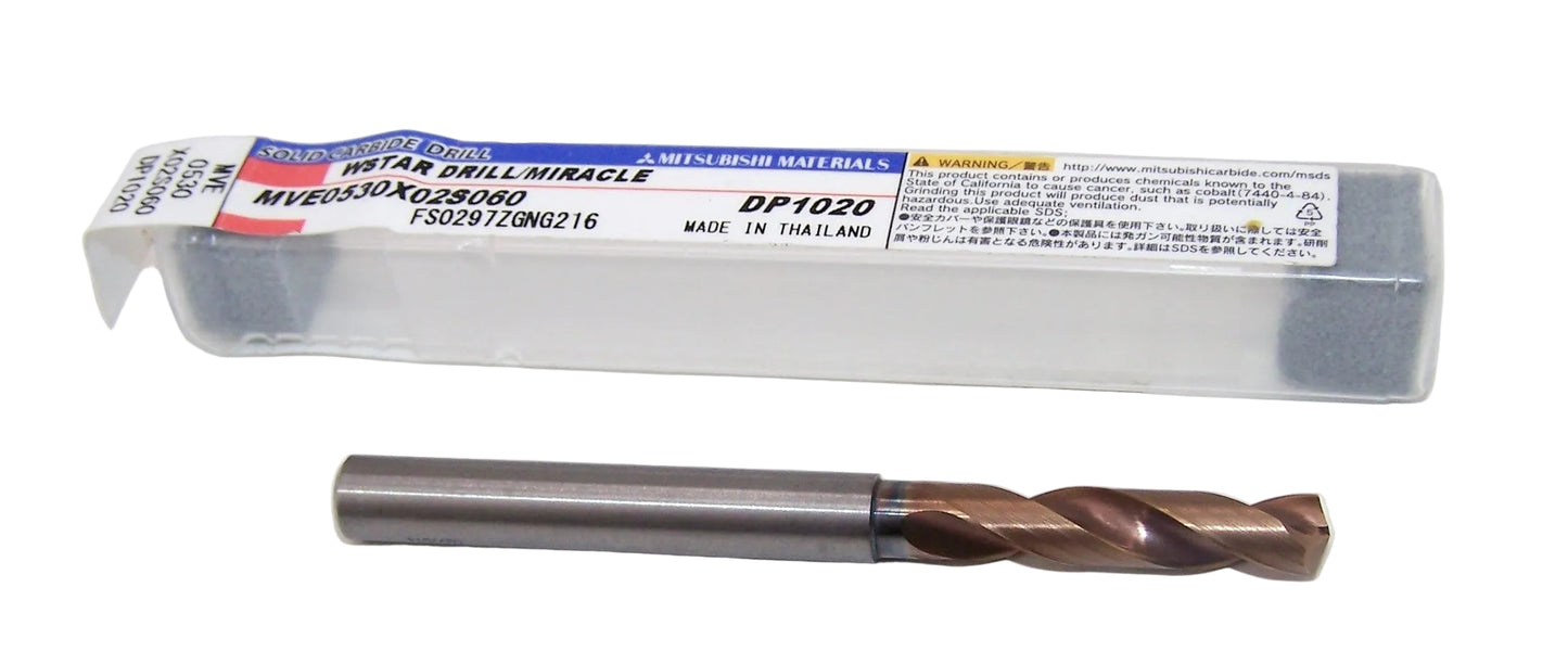 MVE0530X02S060 Mitsubishi Carbide 5.30mm Carbide Drill 2 Flute External Coolant .2087" Diameter 1.063" Flute 2.638" Length .236" Shank 140° Point