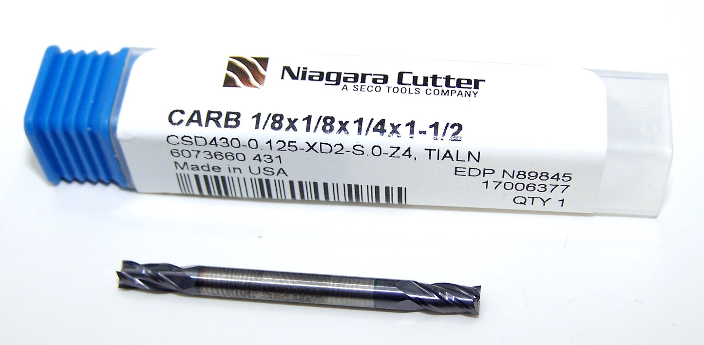 N89845 Niagara 1/8" Carbide 4 Flute End Mill Double End TiAlN .1250" Diameter .250" Flute 1.50" Length .125" Shank