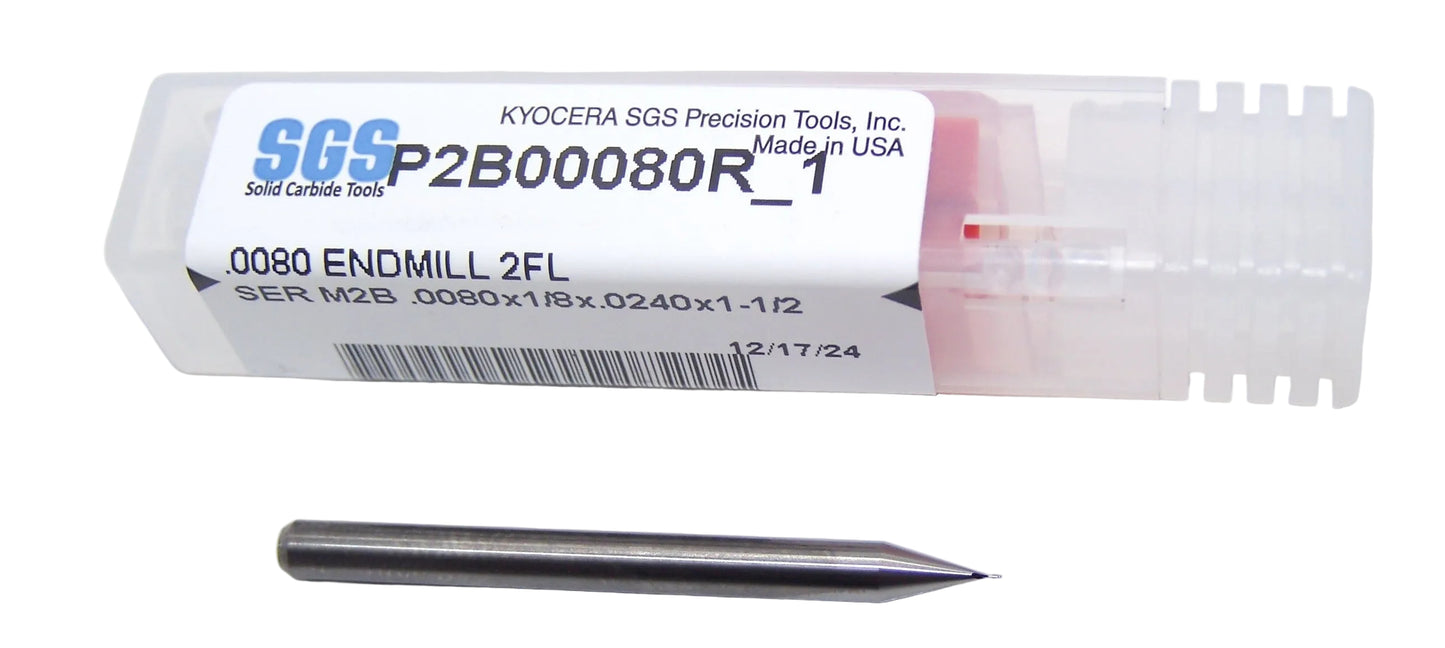 P2B00080R_1 Kyocera SGS .0080" Carbide 2 Flute End Mill Ball End 0.0080" Diameter 0.024" Flute 1.50" Length .125" Shank
