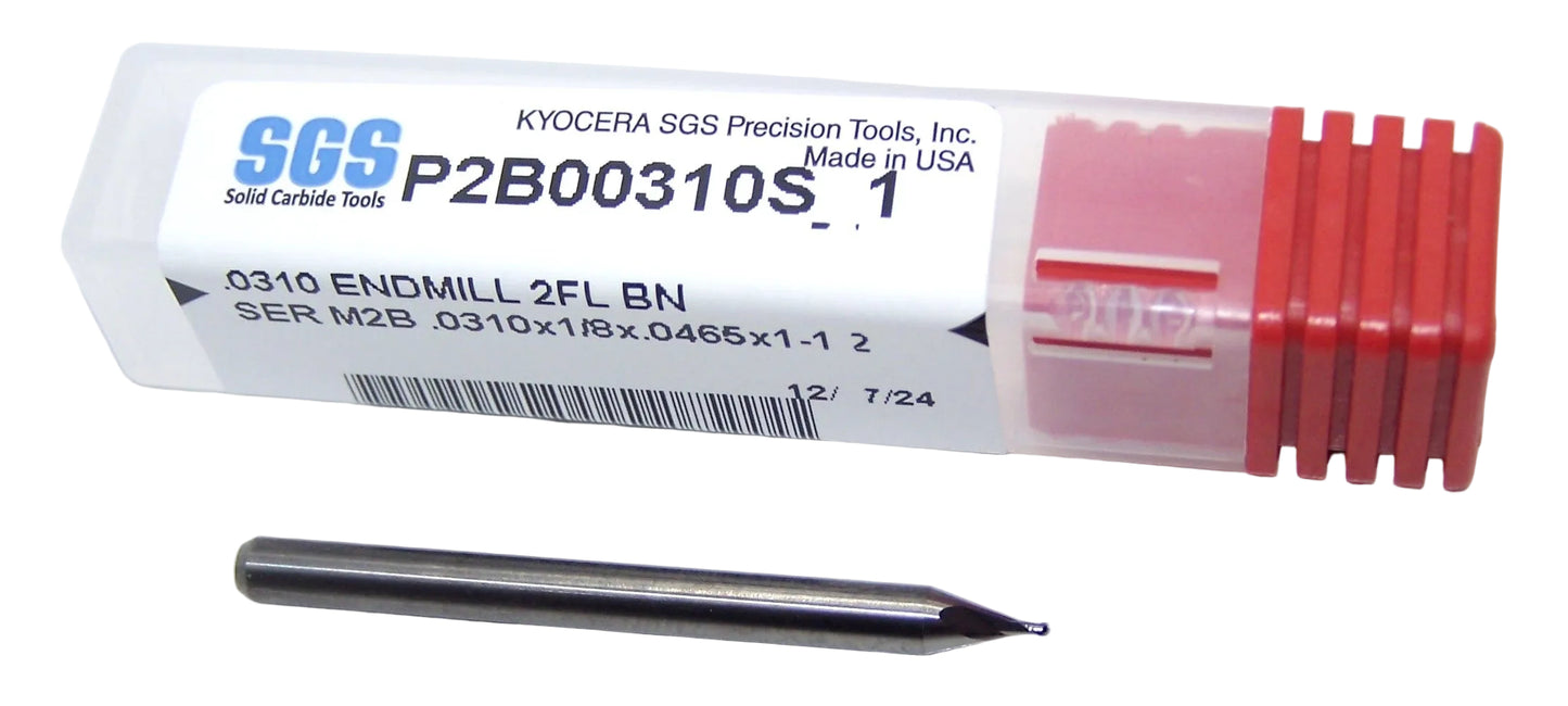 P2B00310S_1 Kyocera SGS .0310" Carbide 2 Flute End Mill Stub Flute Ball End 0.0310" Diameter .0465" Flute 1.50" Length .125" Shank