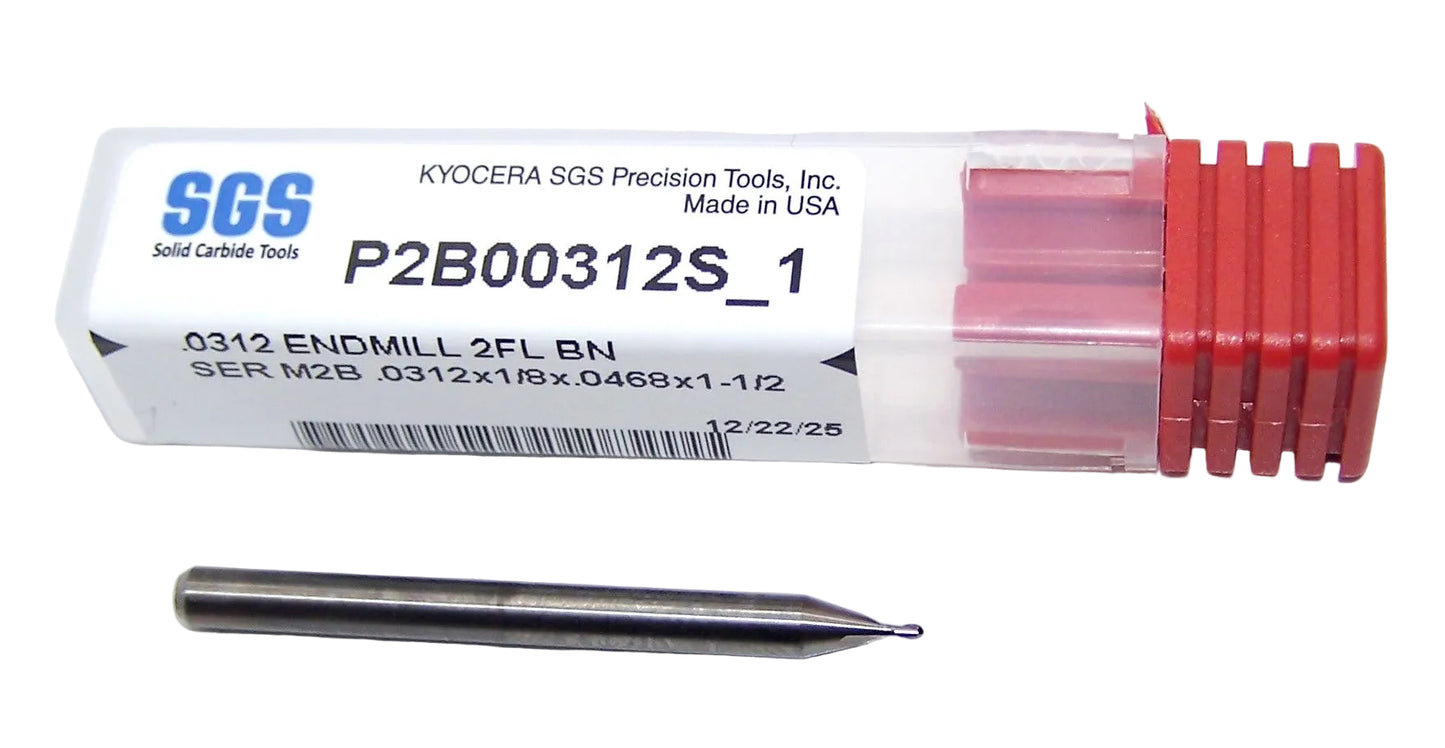 P2B00312S_1 Kyocera SGS 1/32" Carbide 2 Flute End Mill Ball End 0.0312" Diameter .0469" Flute 1.50" Length .125" Shank
