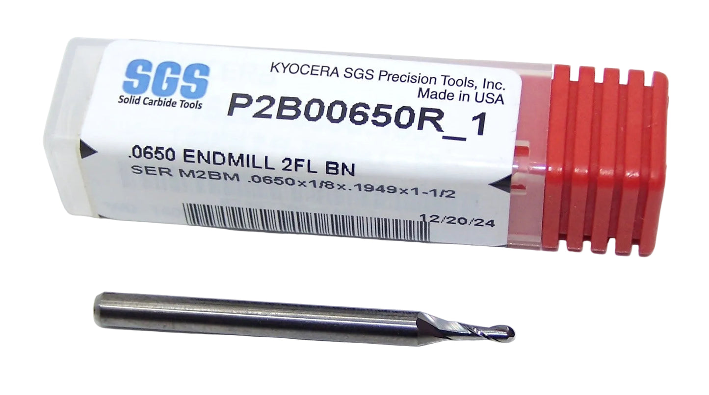P2B00650R_1 Kyocera SGS .0650" Carbide 2 Flute End Mill Ball End 0.0650" Diameter 0.195" Flute 1.50" Length .125" Shank