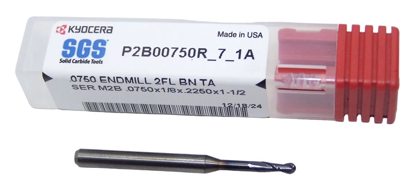 P2B00750R_7_1A Kyocera SGS .0750" Carbide 2 Flute End Mill Ball End .525" Extended Reach AltiN Coated0.0750 Diameter 0.225" Flute 1.50" Length .125" Shank
