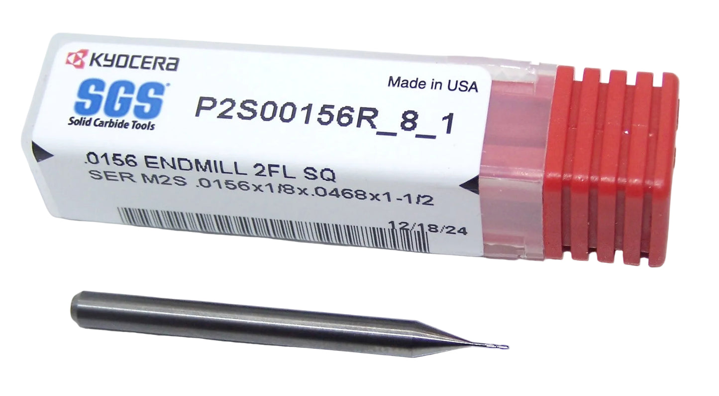 P2S00156R_8_1 Kyocera SGS 1/64" Carbide 2 Flute End Mill Square End 0.0156 Diameter 0.047" Flute 1.50" Length .125" Shank