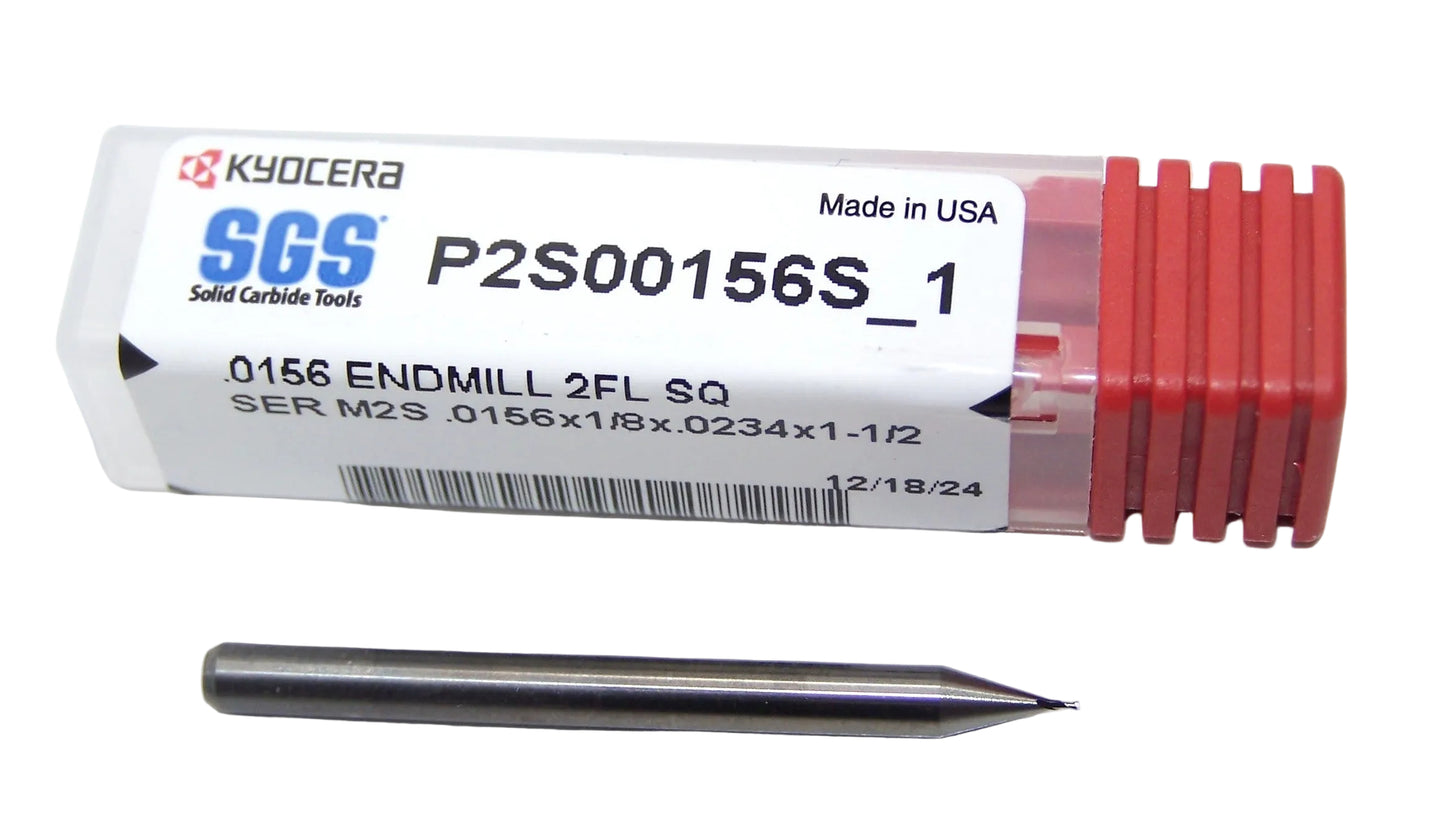 P2S00156S_1 Kyocera SGS 1/64" Carbide 2 Flute End Mill Square End 0.0156 Diameter 0.024" Flute 1.50" Length .125" Shank