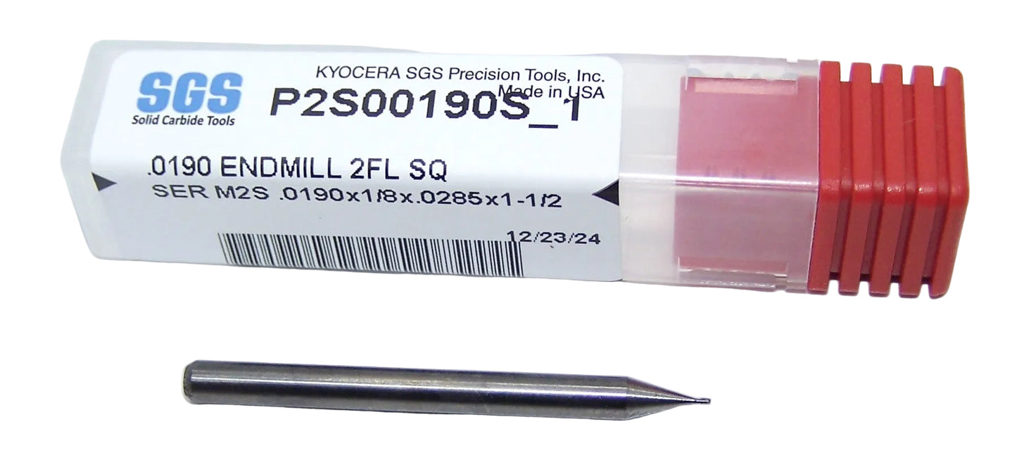 P2S00190S_1 Kyocera SGS .0190" Carbide 2 Flute End Mill Square End 0.0190" Diameter 0.0290" Flute 1.50" Length .125" Shank