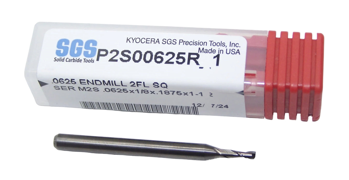 P2S00625R_1 Kyocera SGS 1/16" Carbide 2 Flute End Mill Square End 0.0625" Diameter 0.1875" Flute 1.50" Length .125" Shank