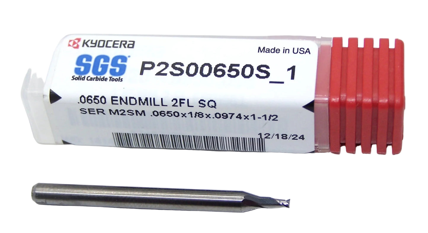P2S00650S_1 Kyocera SGS .0650" Carbide 2 Flute End Mill Square End 0.0650 Diameter 0.097" Flute 1.50" Length .125" Shank