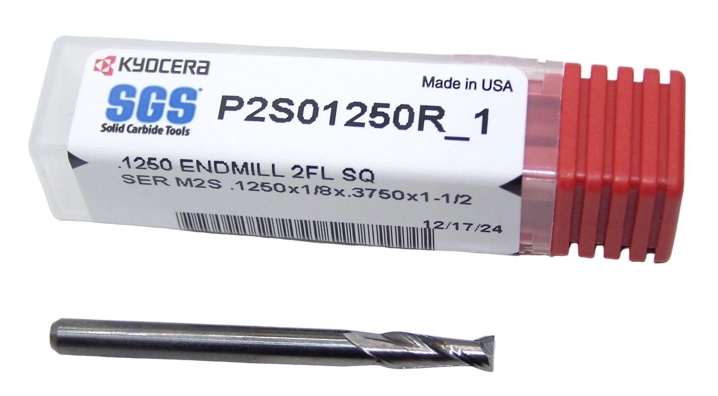P2S01250R_1 Kyocera SGS 1/8" Carbide 2 Flute End Mill Square End 0.1250 Diameter 0.375" Flute 1.50" Length .125" Shank