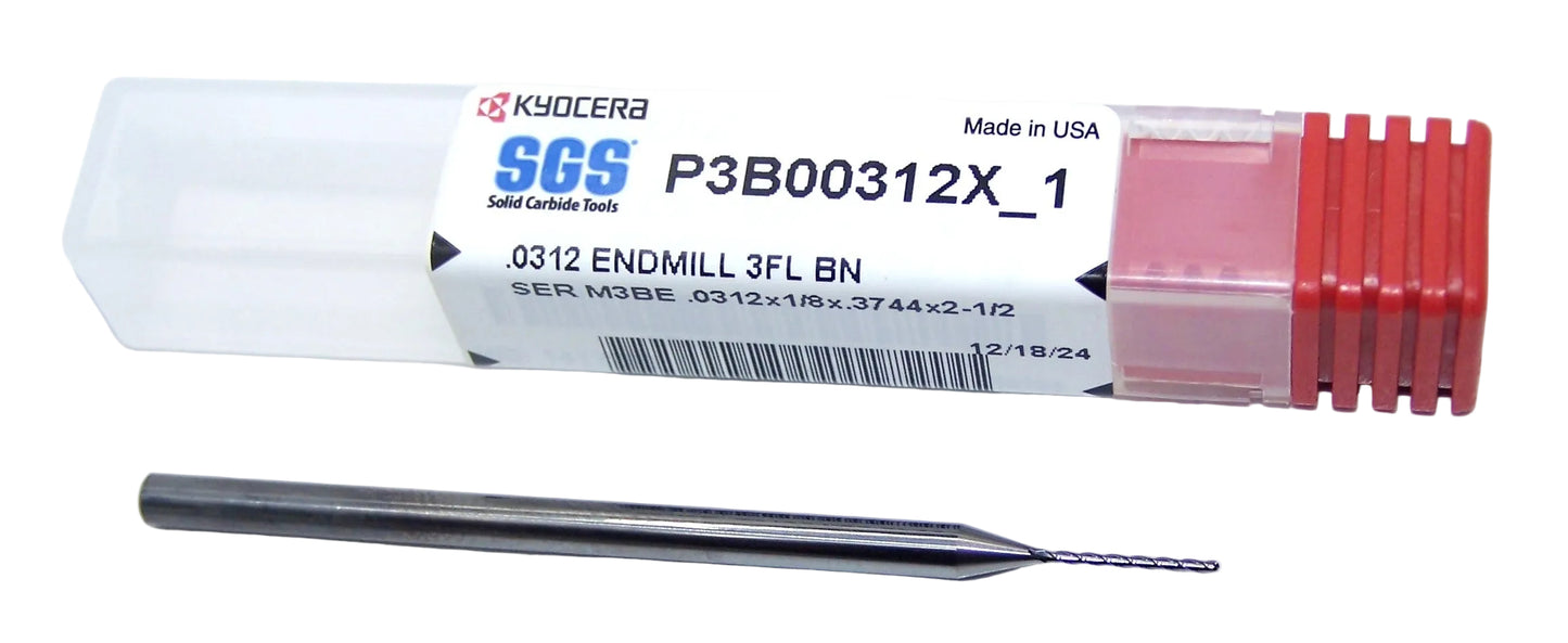 P3B00312X_1 Kyocera SGS 0.0312" Carbide 3 Flute End Mill Extended Flute Ball End 0.0312" Diameter 0.375" Flute 2.5" Length 0.125" Shank