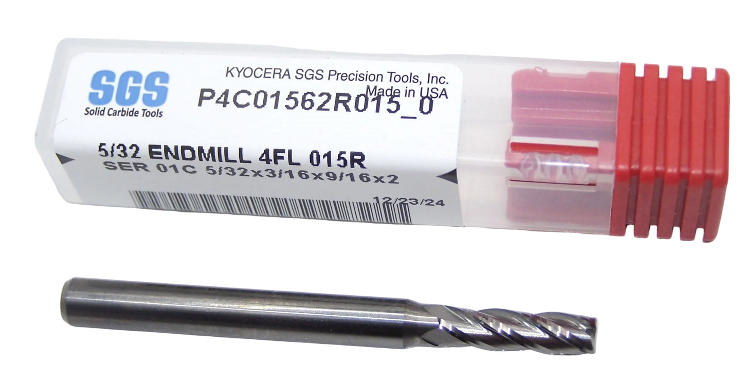 P4C01562R015_0 Kyocera SGS 5/32" Carbide 4 Flute End Mill .015" Radius End 0.1562" Diameter 0.5262" Flute 2.00" Length .1875" Shank