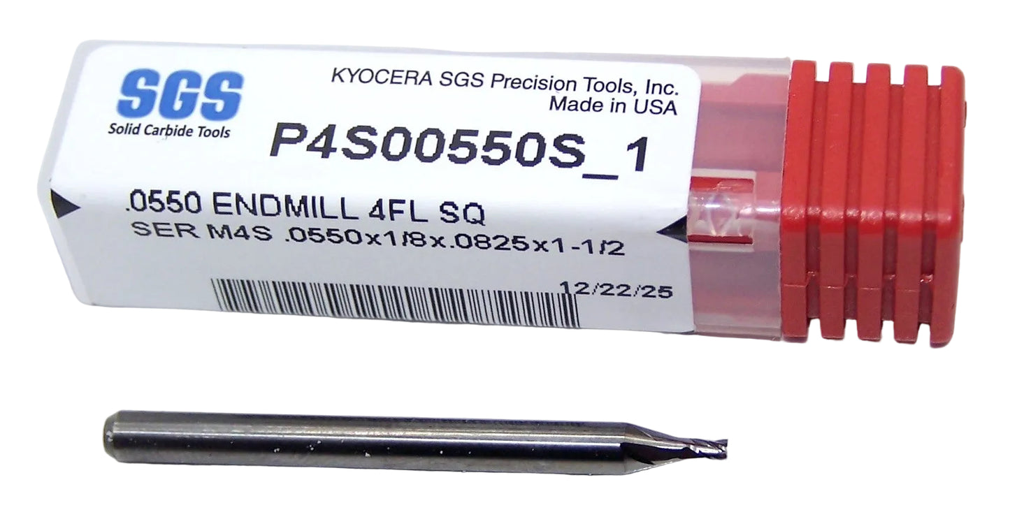 P4S00550S_1 Kyocera SGS .0550" Carbide 4 Flute End Mill SQ End 0.0550" Diameter .0825" Flute 1.50" Length .125" Shank