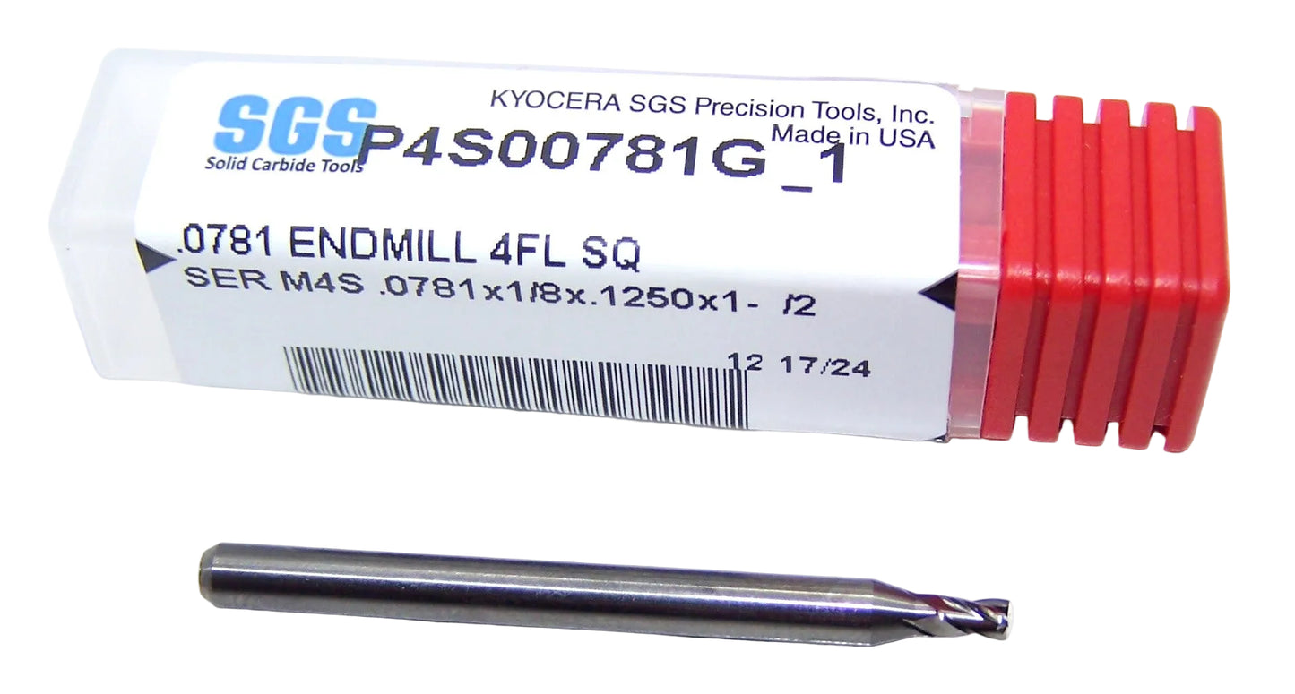 P4S00781G_1 Kyocera SGS 5/64" Carbide 4 Flute End Mill SQ End 0.0781" Diameter 0.125" Flute 1.50" Length .125" Shank