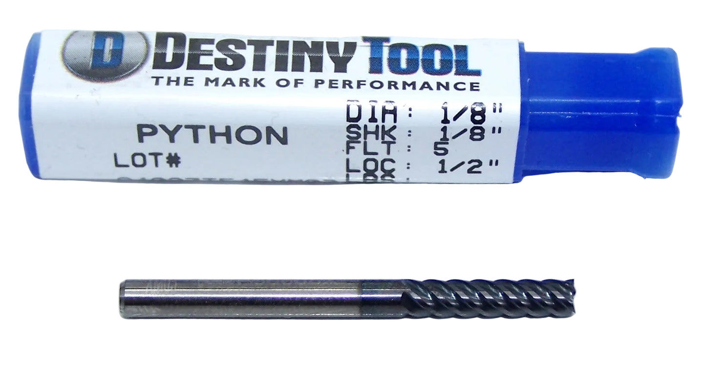 P50808X Destiny Tool 1/8" Carbide 5 Flute End Mill SQ .125" Diameter .500" Flute 1.50" OAL .125 Shank Python