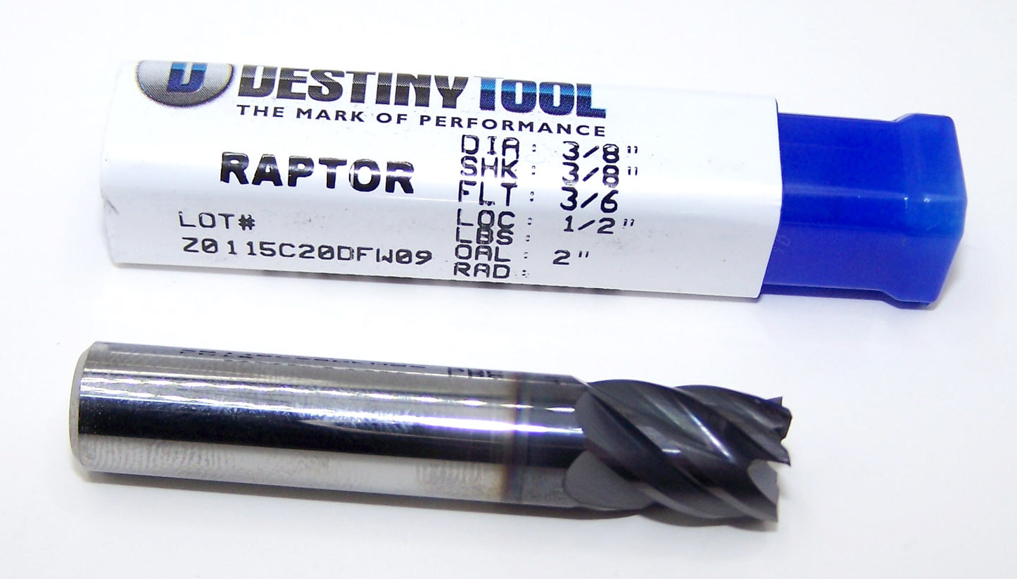 R62408C Destiny Tool 3/8" Carbide 6 Flute End Mill Square R6 Raptor TiAlN .375" Diameter 0.500" Flute 2.00" Length .375" Shank