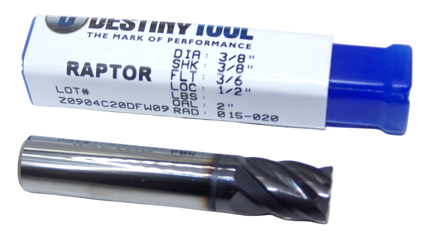 R62408RC Destiny Tool 3/8" Carbide 6 Flute End Mill Square R6 Raptor .015 - .020" Radius TiAlN .375" Diameter 0.500" Flute 2.00" Length .375" Shank