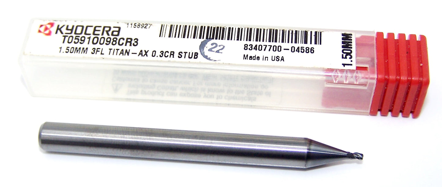 T0591O098CR3 Kyocera Carbide 3 Flute 1.50mm End Mill Coated .0591" Diameter .098" Flute 2.50" Length .236"shank .0118" Radius Titan Series