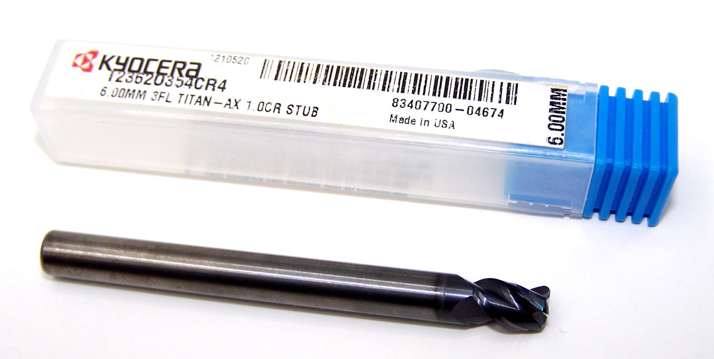 T2362O354CR4 Kyocera Microtools 6.00mm Carbide 3 Flute End Mill Stub Flute .039" Radius Coated .2362" Diameter .354" Flute 2.50" Length .236"shank Titan Series