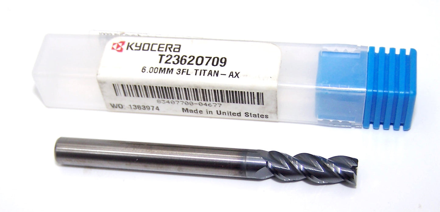 T2362O709 Kyocera Microtools 6.00mm Carbide 3 Flute End Mill AX Coated 0.2362" Diameter 0.709" Flute 2.5000" Length 0.2362" Shank Titan Series
