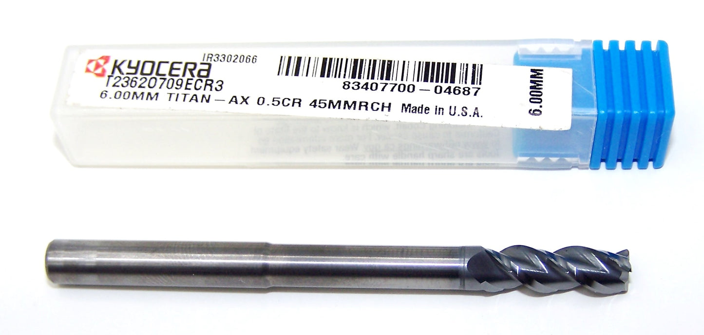 T2362O709ECR3 Kyocera Microtools 6.00mm Carbide 3 Flute End Mill .0197" Radius 1.77" Reach Coated .2362" Diameter .709" Flute 3.00" Length .236"shank Titan Series (Copy)