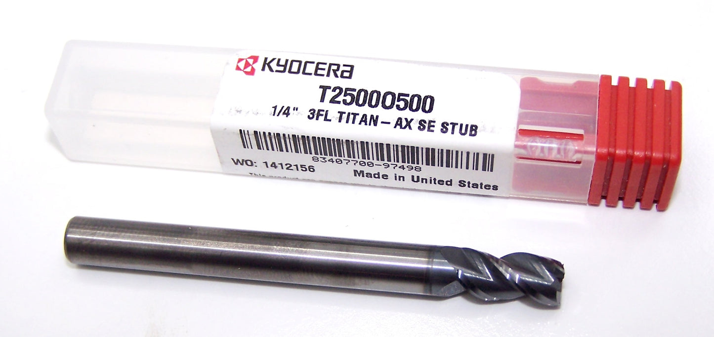 T2500O500 Kyocera Microtools 1/4" Carbide 3 Flute End Mill AX Coated 0.2500" Diameter 0.500" Flute 2.5" Length 0.250" Shank Titan Series
