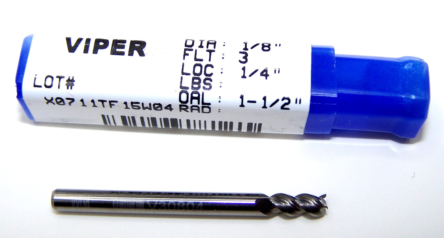 V30804 Destiny Tool 1/8" Carbide 3 Flute End Mill Viper SQ for Aluminum .125" Diameter .250" Flute 1.5" OAL