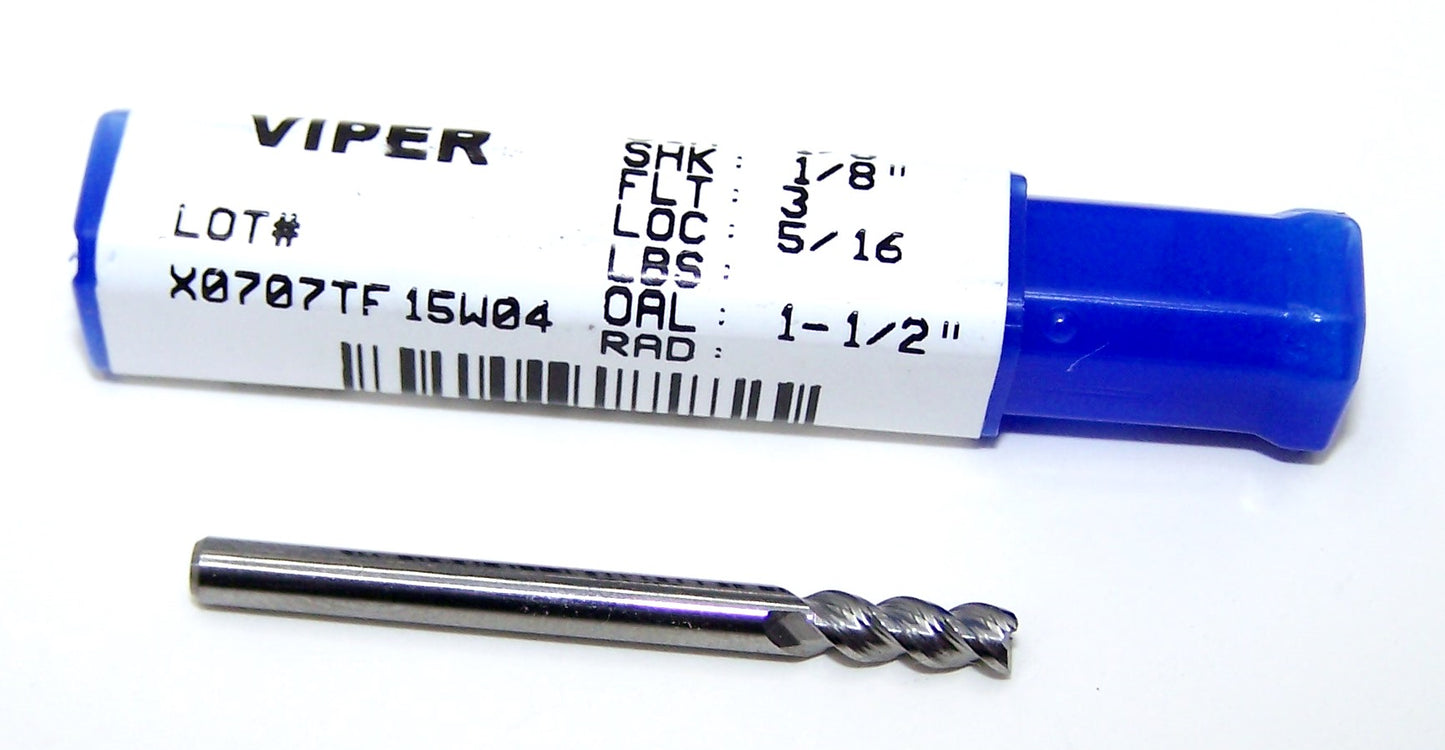 V30805 Destiny Tool 1/8" Carbide 3 Flute End Mill Viper SQ for Aluminum .125" Diameter .3125" Flute 1.5" OAL
