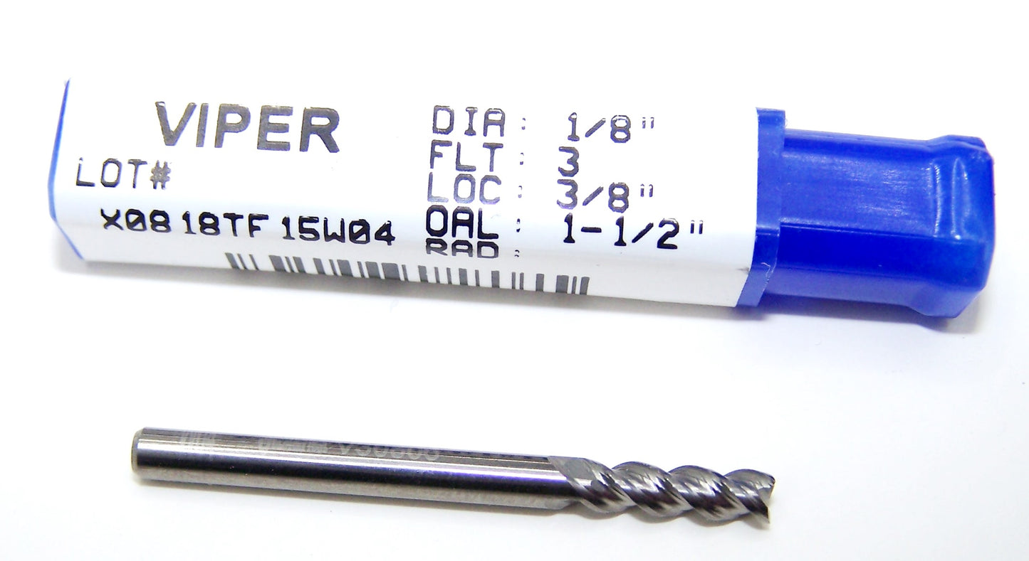 V30806 Destiny Tool 1/8" Carbide 3 Flute End Mill Viper SQ for Aluminum .125" Diameter .375" Flute 1.5" OAL
