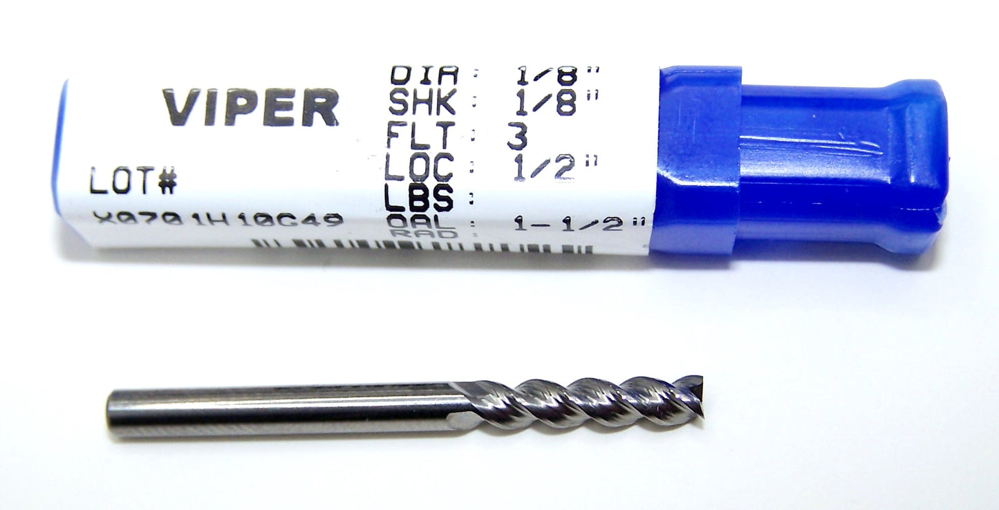 V30808 Destiny Tool 1/8" Carbide 3 Flute End Mill Viper SQ for Aluminum .125" Diameter .500" Flute 1.5" OAL