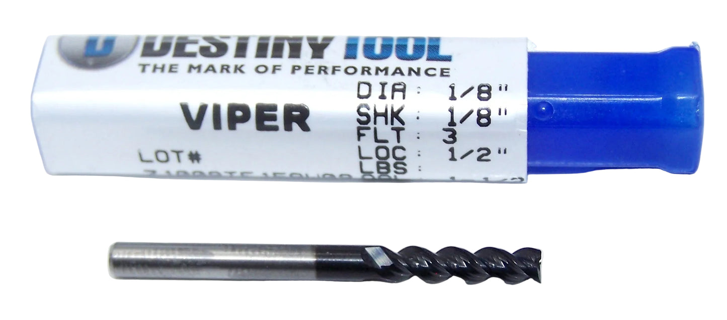 V30808S Destiny Tool 1/8" Carbide 3 Flute End Mill Viper SQ Stealth Coated for Aluminum .125" Diameter .500" Flute 1.5" OAL