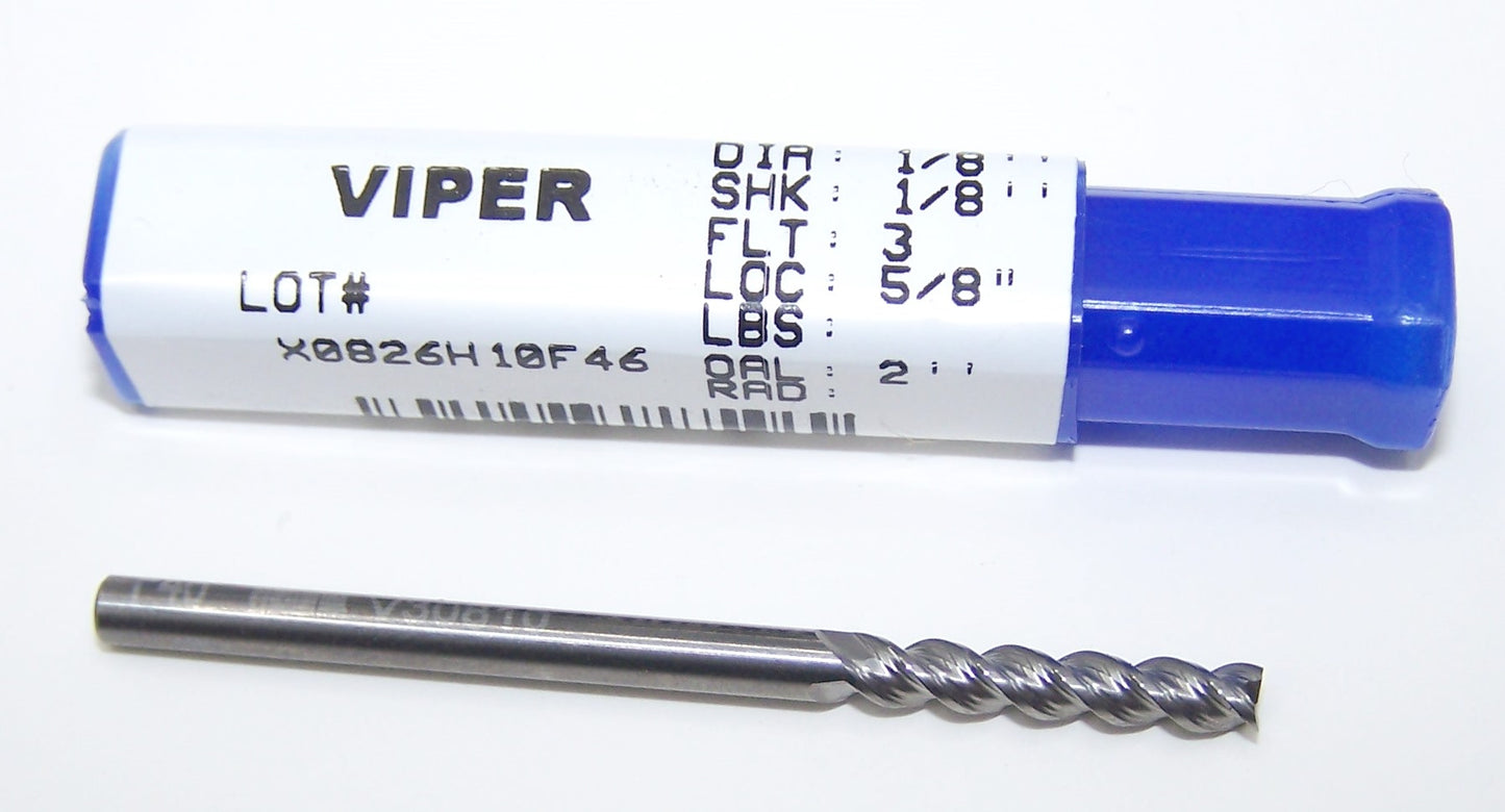 V30810 Destiny Tool 1/8" Carbide 3 Flute End Mill Viper SQ for Aluminum .125" Diameter .625" Flute 2" OAL