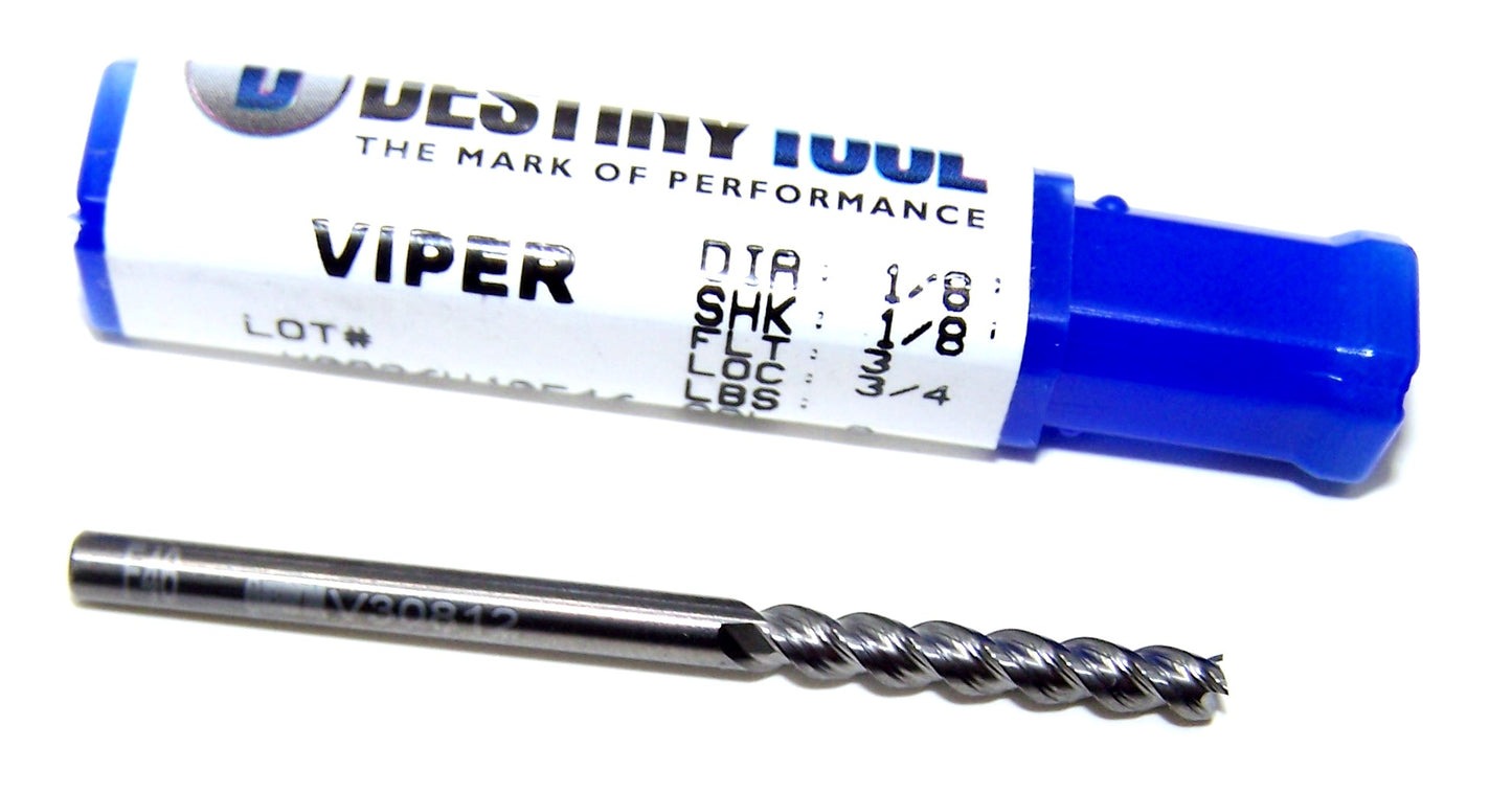 V30812 Destiny Tool 1/8" Carbide 3 Flute End Mill Viper SQ for Aluminum .125" Diameter .750" Flute 2" OAL