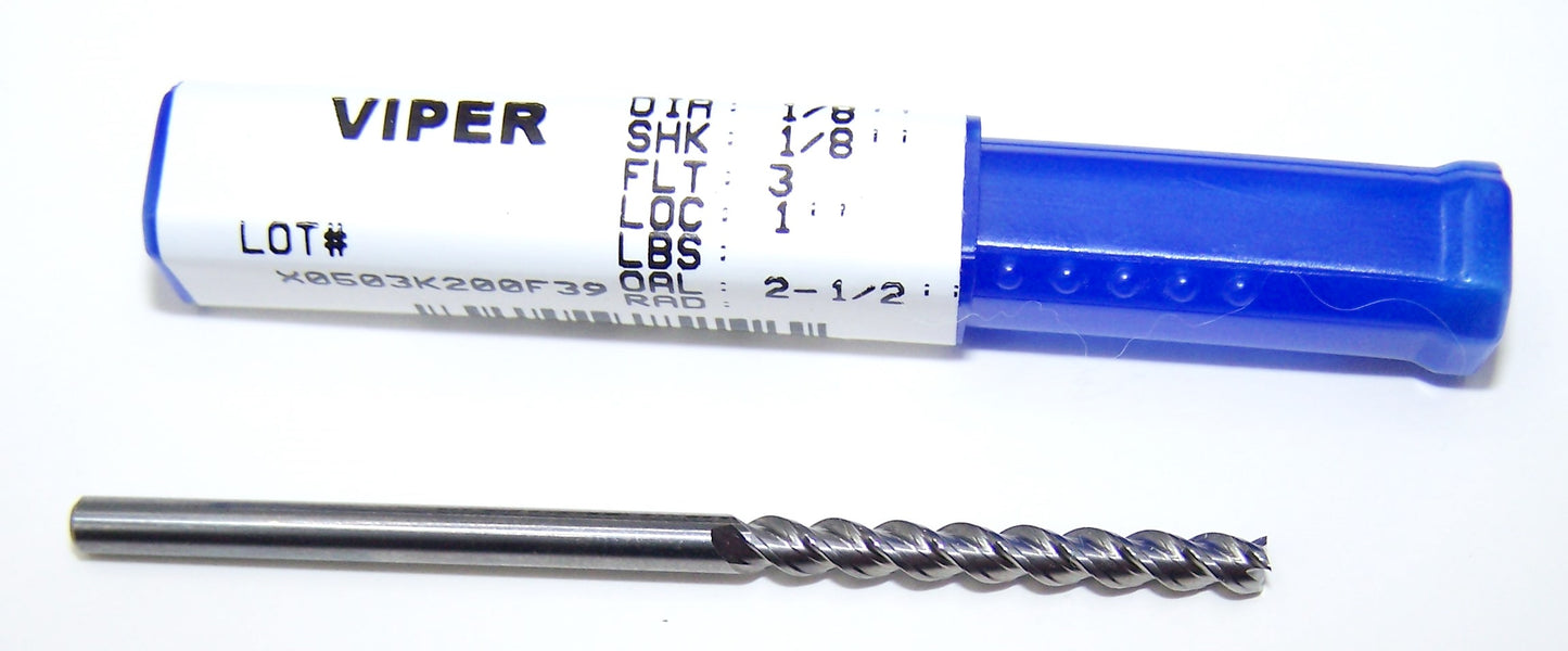 V30816 Destiny Tool 1/8" Carbide 3 Flute End Mill Viper SQ for Aluminum .125" Diameter 1.00" Flute 2.5" OAL