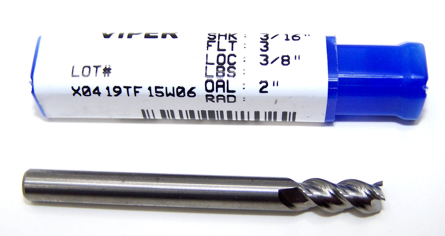 V31206 Destiny Tool 3/16" Carbide 3 Flute End Mill Viper SQ for Aluminum .1875" Diameter .375" Flute 2.0" OAL .188" Shank